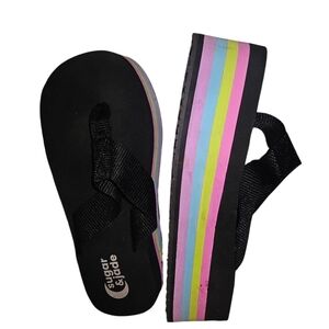 Sugar & Jade Kids Black Flip Flops with Pastel Rainbow Stripes